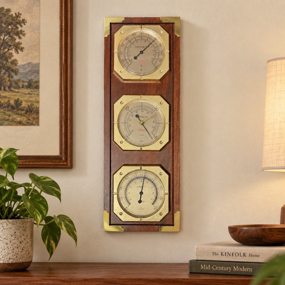 Vintage Sunbeam Weather Station Barometer Thermometer Hygrometer Wood Brass